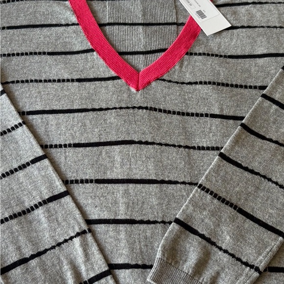 Label and Thread - Gray Striped V-Neck Sweater with Red Trim